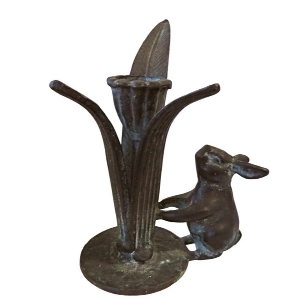 Vintage Cast Bronze Patina Bunny Rabbit Candle Holder Figure Andrea Sadek